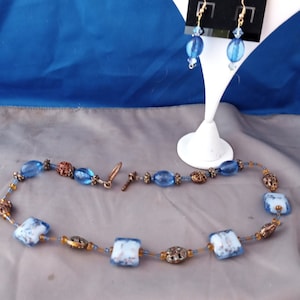 Light and Dark Blue Chunky Beaded Necklace Earring Set, Crystal Beads Statement Set , Chunky Beaded Jewelry, Gold-Blue-Crystal Jewelry Set