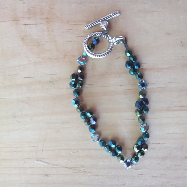 Petite Blue Green Bracelet, Blue Green Crystal Bracelet, Dichroic Bracelet, Multi-Colored Toggle Bracelet - Teal Beaded Bracelet for Women