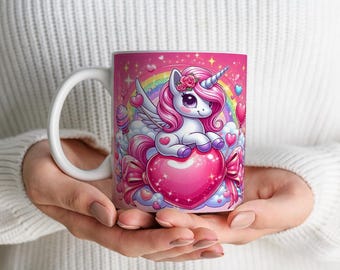 Mug Licorne Bébé, Mug Aquarelle Sublimation PNG, Mug Licorne Amoureux, Mug Café 325 ml, Téléchargement Numérique