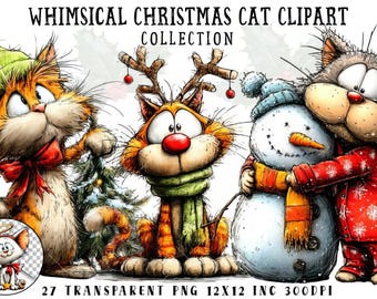 Images clipart de chats de Noël fantaisistes | 27 chats mignons pour les fêtes (PNG) | Lot de chatons festifs pour sublimation, idéal pour autocollants, t-shirts et loisirs créatifs