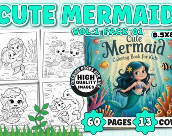 60 Cute Mermaid Coloring Pages for Kids Vol 1 Pack 1, Printable PNG Bundle, 8.5x8.5 Inch, Fantasy Ocean Scenes Digital Download