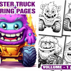 Può includere: Un'immagine di copertina colorata per un libro da colorare di monster truck. La copertina presenta un monster truck viola con un ghigno e grandi occhi rotondi. Il testo "MONSTER TRUCK COLORING PAGES" è in cima all'immagine, e il testo "7 COVER" è in un cerchio viola in basso a sinistra. Il testo "VOLUME - 1 pack 2" è in basso a destra dell'immagine. L'immagine mostra anche diverse pagine da colorare di monster truck in bianco e nero.
