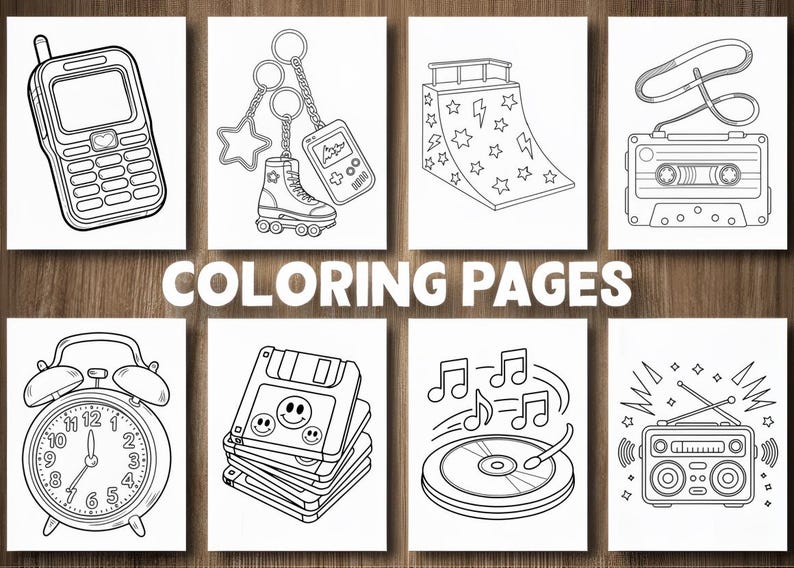May include: Black and white coloring pages featuring retro-themed illustrations. Includes a cell phone, roller skate keychain, a ramp, a cassette tape, an alarm clock, floppy disks, a record player, and a boombox. The words "COLORING PAGES" are in the center.