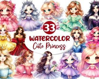 Clipart aquarelle de princesse mignonne | 33 illustrations PNG de filles | Téléchargement numérique de princesse | Kit de sublimation conte de fées