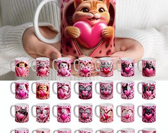 28 3D Cute Cat Mug Wrap Bundle, 11 oz Mug Wrap Sublimation Designs, 3D Kitten Hole In A Wall Mug, Cute Cat Animal Mug Press Design