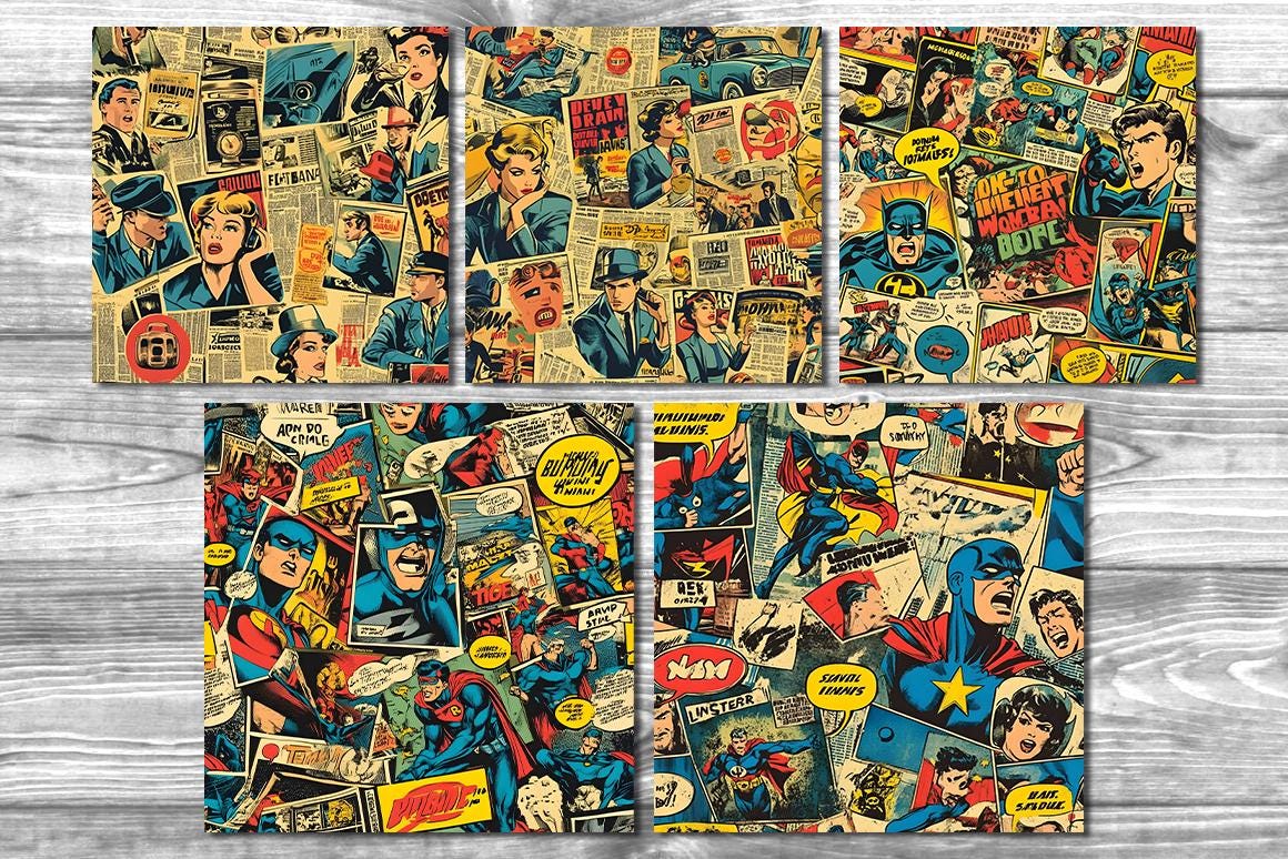 Retro Vintage Comics Digital Patterns PNG, Seamless Pop Art Backgrounds ...
