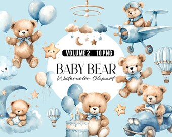 Pack d'images clipart pour baby shower avec ours en peluche Vol. 02 | Téléchargement numérique PNG mignon pour invitations, révélation du sexe, impressions pour chambre d'enfant