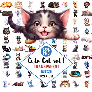 Può includere: Una collezione di 101 illustrazioni di gatti carini in formato PNG. I gatti sono in varie pose ed espressioni, con diversi colori e motivi. Le immagini sono trasparenti, di 1024 x 1024 pixel e 72 DPI.