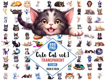 Pack de cliparts de chats de dessin animé – 101 PNG mignons avec fond transparent | Graphiques de chaton kawaii | Coffret de téléchargement numérique Volume 01