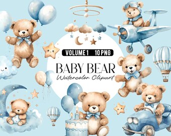 Ensemble d'images clipart PNG pour baby shower avec ours en peluche | Téléchargement numérique d'un ours mignon pour révéler le sexe, cartes et invitations – Volume 01