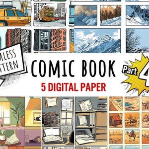 Può includere: Un set di carta digitale con illustrazioni in stile fumetto. L'immagine include pannelli con paesaggi urbani, paesaggi montani e scene di interni. Il testo include "Seamless Pattern", "Comic Book Part 4" e "5 Digital Paper".