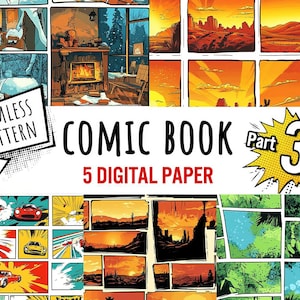 Può includere: Un set di carta digitale intitolato "Comic Book Part 3" con vari pannelli di fumetti. I pannelli mostrano diverse scene, tra cui una baita innevata, un caminetto accogliente e paesaggi desertici con auto. Il set include il testo "5 Digital Paper".