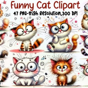 Può includere: Un set di 47 immagini clipart digitali che mostrano gatti divertenti con varie espressioni e pose. I gatti sono disegnati in uno stile cartone animato con colori vivaci e caratteristiche esagerate. Le immagini sono ad alta risoluzione e perfette per l'uso in progetti digitali.
