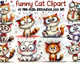 Clipart de chat de dessin animé drôle – 47 PNG mignons avec fond transparent | Graphiques de sublimation numérique haute résolution pour l'artisanat