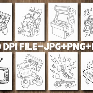 May include: A collection of black and white line art illustrations featuring retro items. Includes a gamepad, cassette tapes, a backpack with skateboards, an arcade machine, a boombox, a TV, a roller skate, and a joystick. The text "300 DPI FILE - JPG + PNG + PDF" is also present.