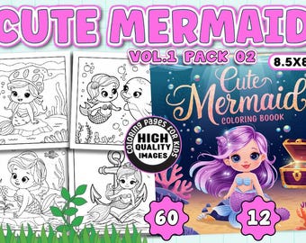 60 Cute Mermaid Coloring Pages for Kids Vol 1 Pack 2, Printable PNG Bundle, 8.5x8.5 Inch, Fantasy Ocean Scenes Digital Download