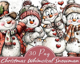 Images clipart de bonhommes de neige fantaisistes pour Noël | 30 adorables bonhommes de neige PNG | Pack de sublimation hivernale | Ensemble PNG de Noël pour vos loisirs créatifs