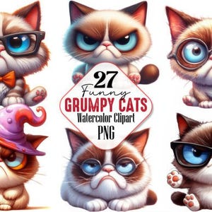 Può includere: Clipart ad acquerello con sei illustrazioni di gatti scontrosi. Ogni gatto ha un'espressione unica e indossa accessori come occhiali, papillon e un cappello da strega. L'immagine include il testo "27 Funny Grumpy Cats Watercolor Clipart PNG."