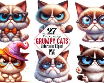 Images clipart de chats grincheux rigolos | 27 chats mignons à l'aquarelle (PNG) | Pack de sublimation Chats grincheux pour autocollants, t-shirts et loisirs créatifs