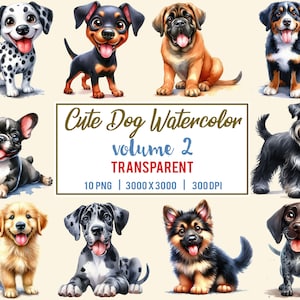 Può includere: Un set di 10 illustrazioni ad acquerello di cani carini di diverse razze. I cani sono raffigurati in uno stile cartone animato con colori vivaci ed espressioni giocose. Le illustrazioni sono perfette per l'uso in progetti digitali o stampati.