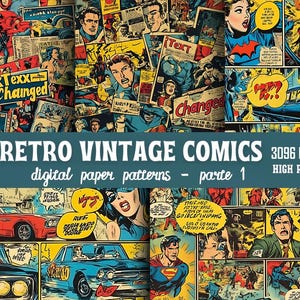 May include: A collage of retro vintage comic book panels with vibrant colors and dynamic illustrations. The image features text bubbles, action scenes, and classic comic book art. The text reads "5 DIGITAL PAPER PATTERNS" and "RETRO VINTAGE COMICS".