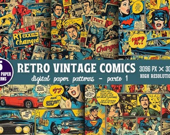 Motifs numériques rétro vintage de BD (PNG), fonds pop art sans raccord, pack de papiers à imprimer, téléchargement numérique pour scrapbooking - PARTIE 01