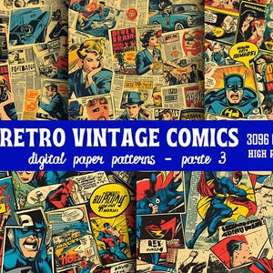 Retro Vintage Comics Digitale Muster PNG, Nahtlose Pop Art Hintergründe, druckbares Papierpaket für Scrapbook Basteln TEIL 03
