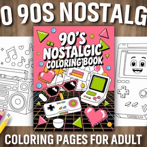 Puede incluir: Un libro para colorear titulado "90's Nostalgic Coloring Book" con 160 páginas para adultos. La portada presenta gráficos temáticos de los años 90, incluyendo corazones pixelados, gafas de sol y una consola de juegos portátil retro. La imagen también incluye un radiocasete y notas musicales.