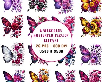Clipart de papillon aquarelle – 26 fichiers de sublimation florale PNG | Arrière-plan transparent | Téléchargement numérique