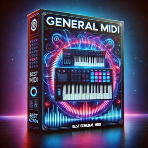 Pode incluir: Uma caixa com um design azul e vermelho neon que apresenta um teclado e um controlador MIDI. A caixa diz "General MIDI" e "Best General MIDI".