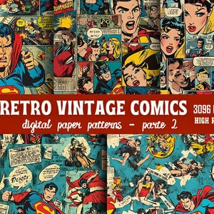 Retro Vintage Comics Digitale Muster PNG, Nahtlose Pop Art Hintergründe, druckbares Papierpaket, Scrapbook Digital Download TEIL 02