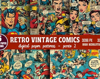Motifs numériques rétro vintage de BD (PNG), fonds pop art sans raccord, pack de papiers à imprimer, téléchargement numérique pour scrapbooking (PARTIE 02)
