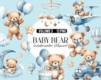 Clipart de baby shower d'ours en peluche Vol. 03 | Oursons mignons au format PNG pour la révélation du sexe, les invitations et la décoration de la chambre d'enfant – Ensemble de téléchargement numérique