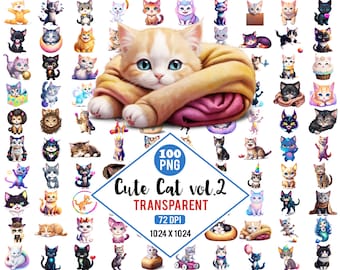 Pack de cliparts de chats de dessin animé – 100 PNG mignons avec fond transparent | Graphiques de chaton kawaii | Coffret de téléchargement numérique Volume 02