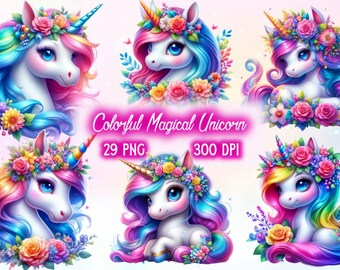 Clipart de licorne colorée mignonne – 29 modèles de sublimation PNG | Créatures fantastiques et lumineuses | Arrière-plan transparent | Téléchargement numérique