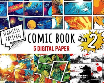 Motifs sans raccord inspirés des bandes dessinées | Lot de 5 papiers numériques Volume 2 | Arrière-plans dynamiques pour impression à la demande, scrapbooking et loisirs créatifs
