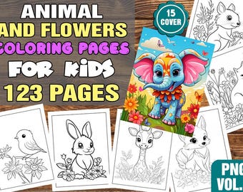 123 coloriages d'animaux et de fleurs pour enfants (Vol. 2), pack PNG imprimable, 8,5 x 11 pouces, livre de coloriage numérique à télécharger