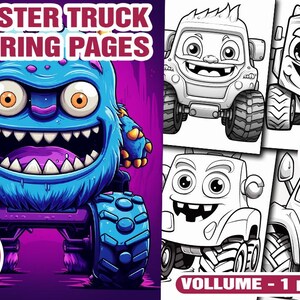 Può includere: Una copertina di un libro da colorare con un monster truck blu con un ampio sorriso. La copertina include anche il testo "Monster Truck Coloring Pages" e "7 Cover".