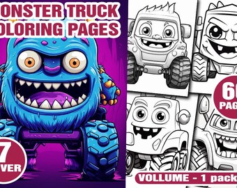 66 Monster Truck Coloring Pages for Kids Vol 1 Pack 01, Printable PNG Bundle, 8.5 x 11 Inches, Digital Download, KDP Interior Pack