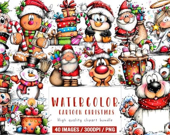 Adorables illustrations de Noël style dessin animé | 40 PNG aquarelle | Ensemble de personnages de Noël pour la sublimation et les loisirs créatifs