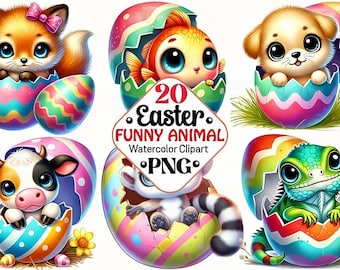 Clipart d'animaux de Pâques à l'aquarelle – 24 PNG amusants avec fond transparent | Graphiques de sublimation de lapin et de poussin mignons | 300 DPI