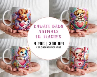Bébés animaux kawaii dans des tasses à thé – 4 modèles de sublimation PNG pour tasses | Impression numérique mignonne pour la fabrication d'emballages de tasses, téléchargement numérique de 325 ml