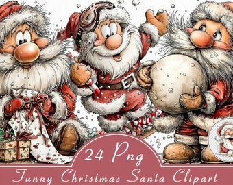 Images clipart amusantes du Père Noël pour Noël | Lot de 24 images PNG du Père Noël | Ensemble mignon pour la sublimation, idéal pour les loisirs créatifs et les projets de bricolage