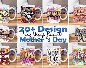 Lot de 22 modèles de mugs à sublimation pour la fête des Mères (325 ml), à imprimer et à télécharger.