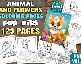 123 coloriages d'animaux et de fleurs pour enfants, vol. 1, lot PNG imprimable, 21,6 x 28 cm, livre de coloriage numérique à télécharger