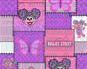 Archivo digital sin costuras de patchwork de personajes rosas y morados / Descarga digital