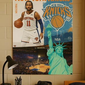 May include: New York Knicks poster featuring a basketball player in a white and blue uniform, holding a basketball. The poster also includes the team logo, the Statue of Liberty, and a basketball court scene.