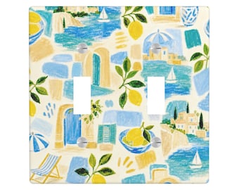 Handgezeichnete Sommer Wandplatte, Mediterran Blaue Zitrone Lichtschalter Abdeckung, Italienische Küsten Dekoration, Vintage Zitrus Küche Steckdose Schalter Platte