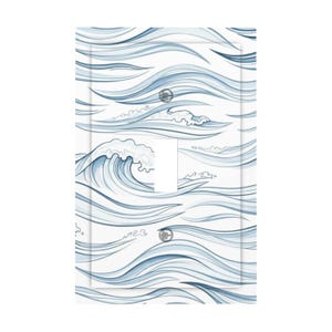 May include: A white light switch cover with a blue wave pattern. The design features stylized blue waves in varying sizes and shapes, with a single switch and two silver screws.