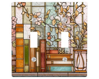 Tapa de interruptor con aspecto de vidriera de estantería, placa de enchufe con decoración de libros, arte de pared de biblioteca acogedora floral, tapa de interruptor de luz de naturaleza vintage